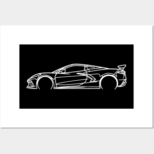 White C8 Corvette Racecar Side Silhouette Outline Arctic White Supercar Sports car Racing car Posters and Art